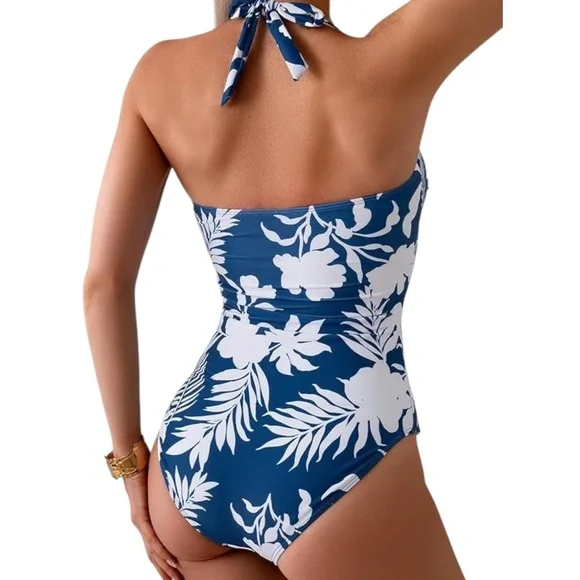 One Piece Tummy Control Swimsuit Halter Scallop Trim - Picture 2 of 4